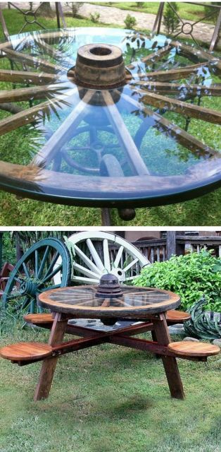 jardim rústico roda de carroça mesa