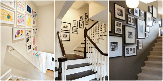 decoração de escada com fotografias e desenhos