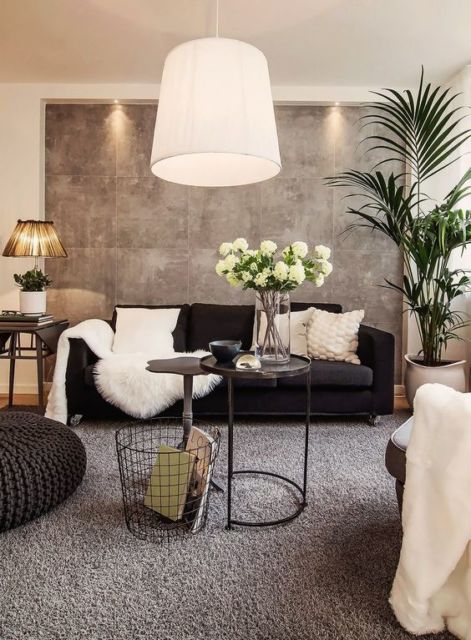 salas com sofá preto decoração clean bege