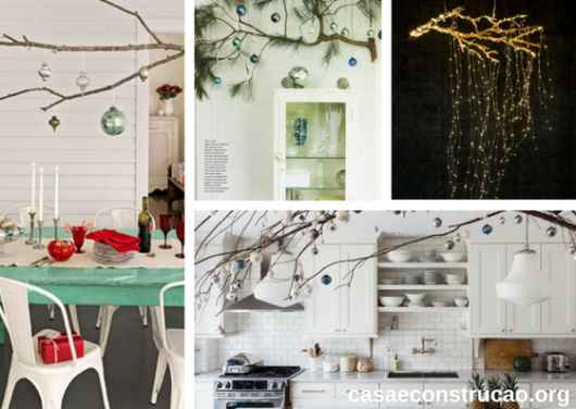 árvores de Natal suspensa sobre mesas e móveis feitas com galhos 