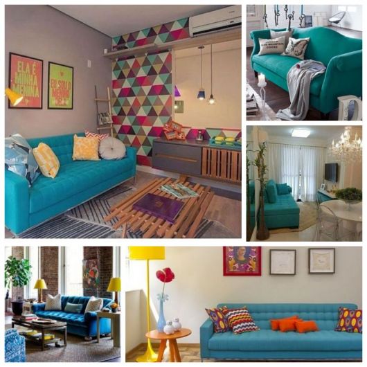 Cinco salas de estar com sofás azul turquesa.
