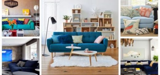 Montagem com diferentes salas de estar com sofá azul.
