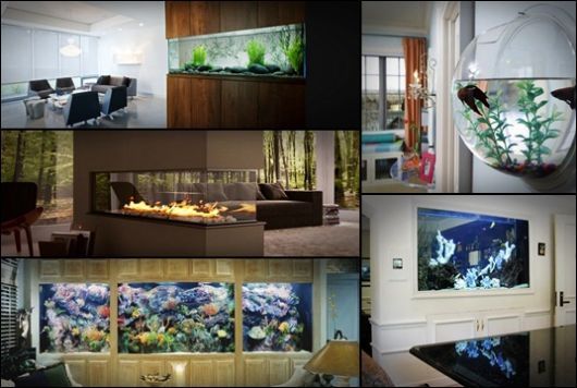 Montagem com cinco fotos diferentes de aquários de parede
