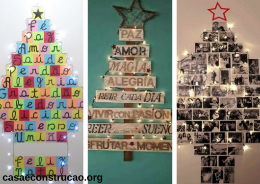 árvores de Natal diferentes feitas com mensagens e fotos presas na parede