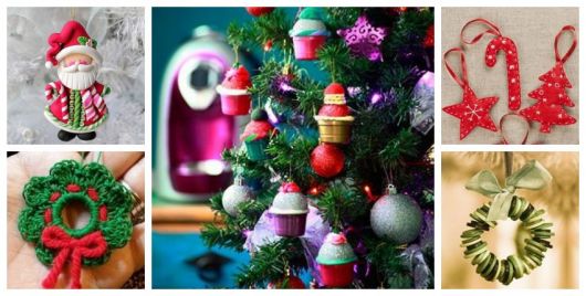 Montagem com cinco diferentes tipos de enfeites para Árvore de Natal.