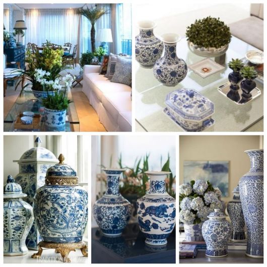 Montagem com cinco imagens de decoração com vaso chinês azul e branco.