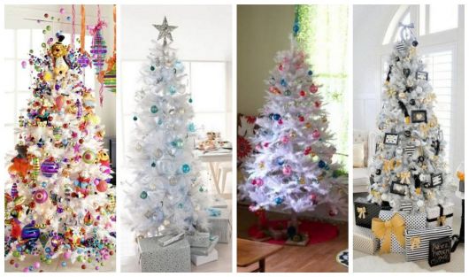 Montagem com diferentes tipos de decoração para árvore de Natal branca.