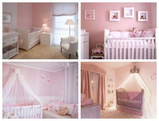 Montagem com quatro quartos com paredes cor de rosa.