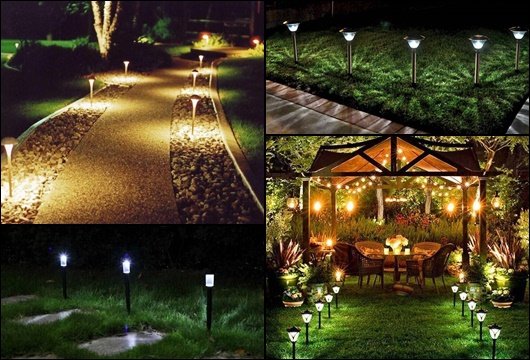 Montagem com quatro fotos diferentes de luminária solar para jardim