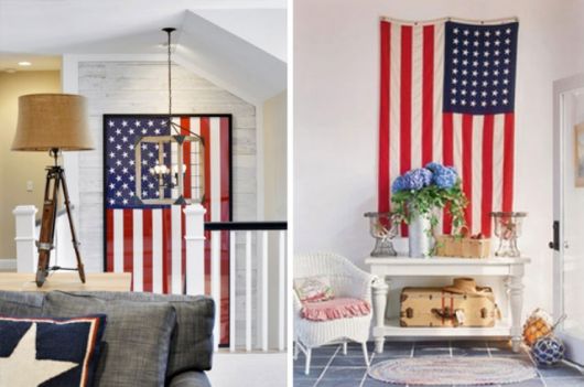 Duas opções de decoração para sala com bandeira dos Estados Unidos.