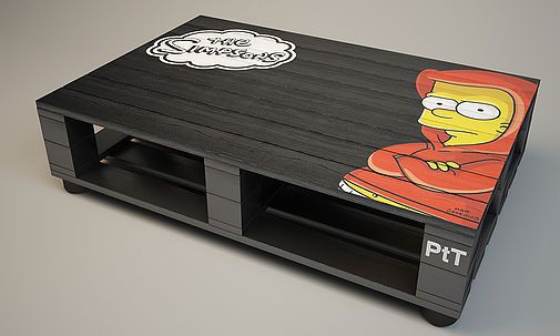 Mesa de centro de Pallets preta com desenho dos Simpsons.
