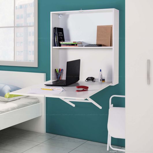 A escrivaninha dobrável pode ter suporte para um pequeno armário, gavetas e nichos
