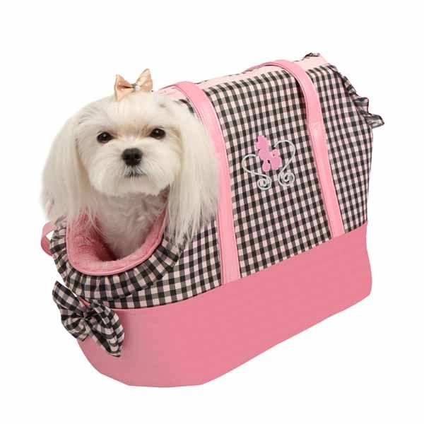 Bolsa super fofa para cachorro rosa com xadrez