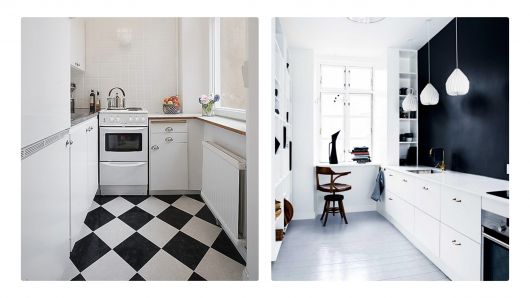 Cozinha preta e branca pequena.