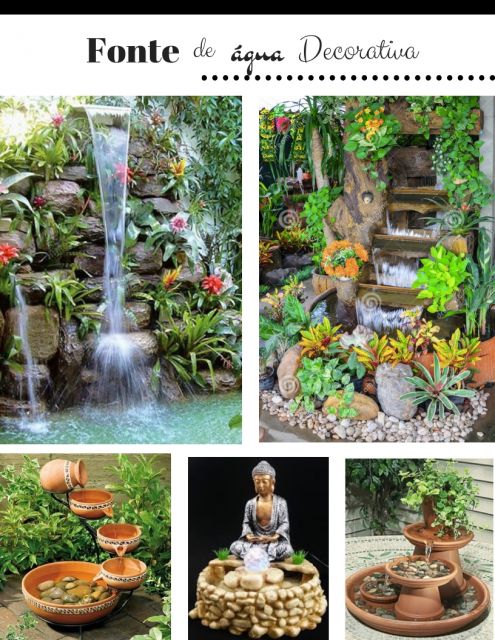 ilustração com varias fontes de água decorativas de jardins externos.