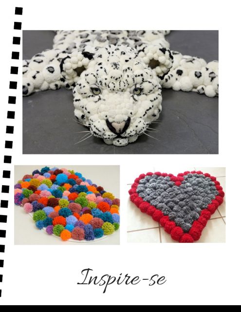 capa post com tapete pompom em formato de tigre, coração e modelo colorido.