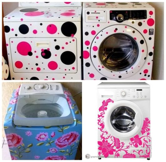 Montagem com três exemplos de lavadora e secadora de roupas com adesivo.