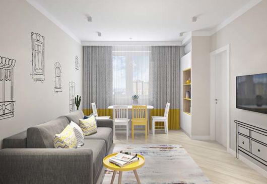 O amarelo nos detalhes complementa a decoração da sala minimalista