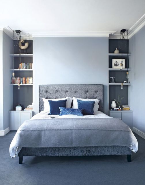 quarto com decoração azul e cinza