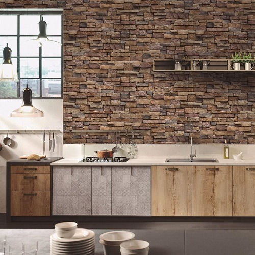 imagem de cozinha com parede de pedras naturais