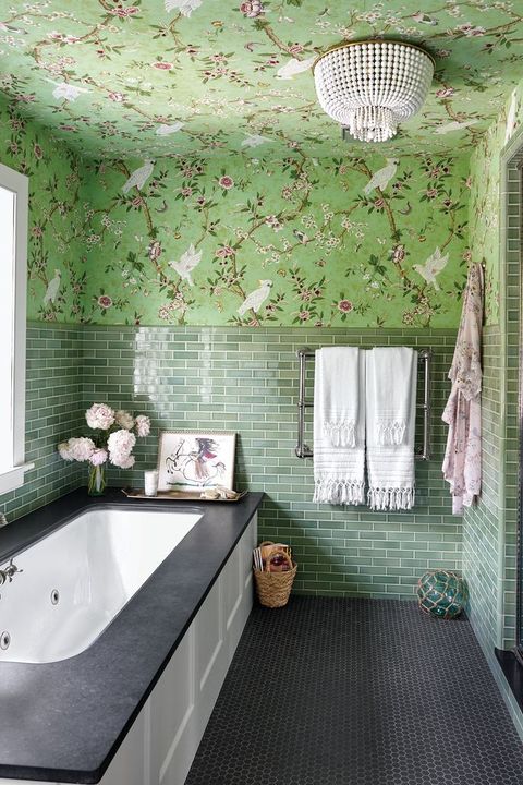 cores para banheiro verde com papel de parede