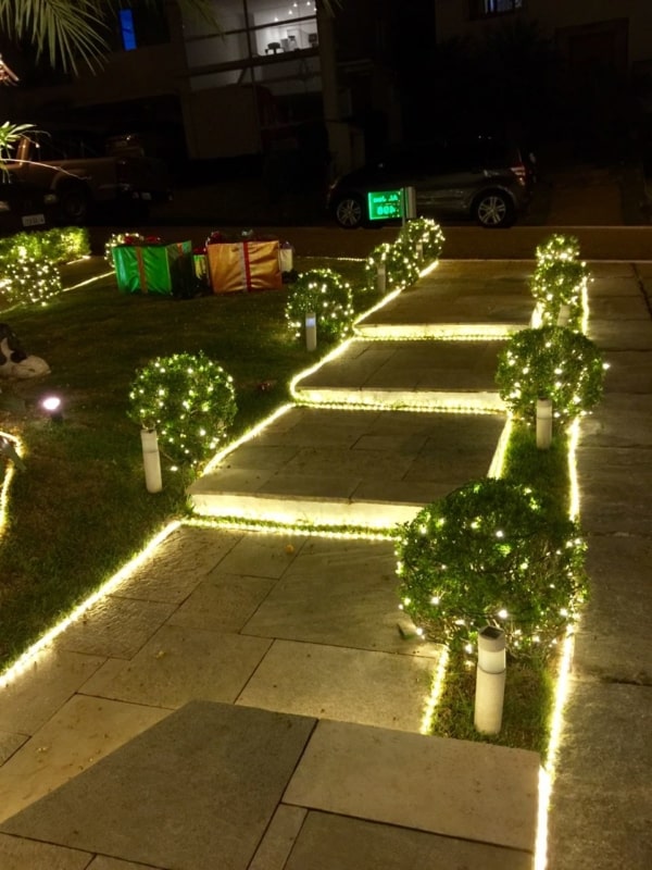 Decoração de Natal simples para jardim com LED nas plantas28