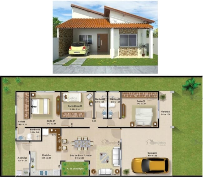 planta de casa com 2 suítes e 127 m²