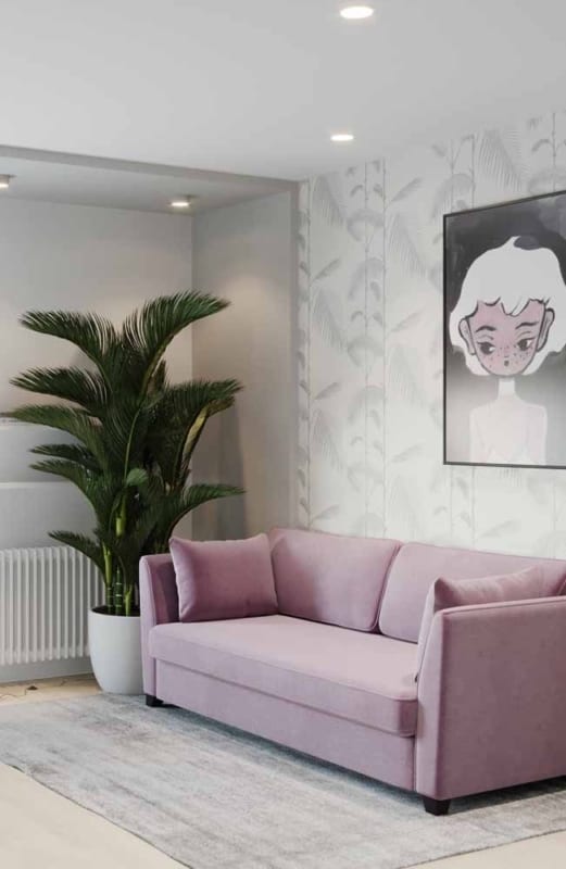 decoração de sala com sofá lilás