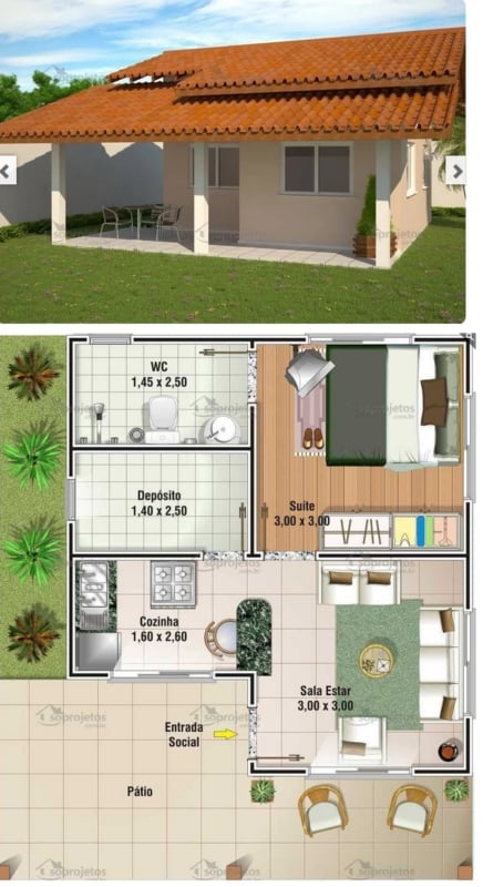 planta de casa popular com 1 dormitório e 49 m²