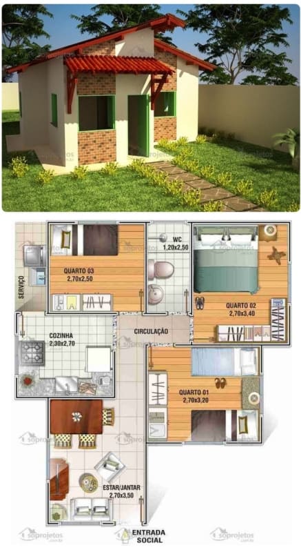 planta de casa popular e barata com 52 m²