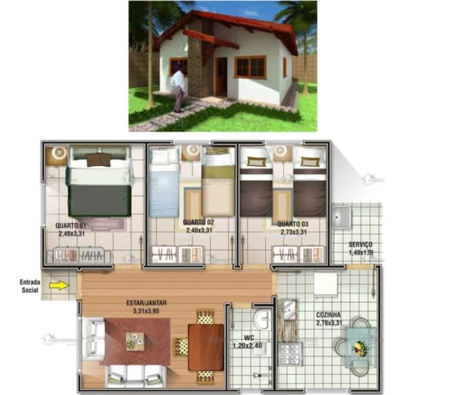 planta de casa popular com 3 quartos e 62 m²