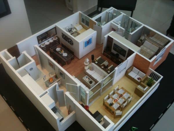 maquete de casa por dentro com móveis