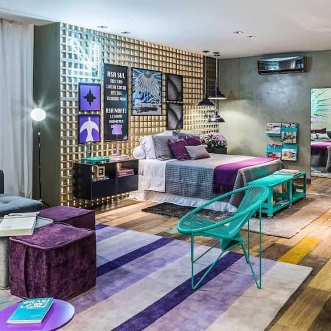  decoração moderna de quarto em lilás e turquesa