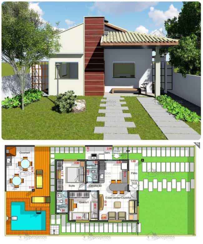 planta de casa de 60m² com 2 quartos e piscina