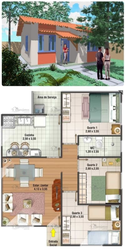 planta de casa simples com 3 quartos e 67 m²
