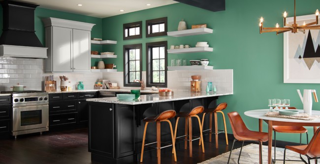 cozinha verde e armarios pretos