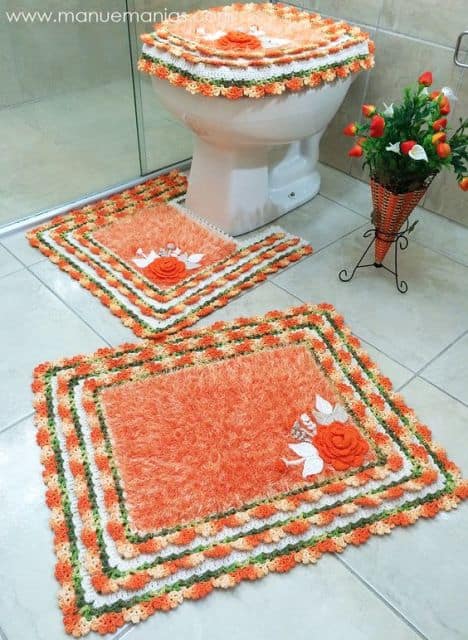 conjunto de tapete de banheiro em crochê felpudo