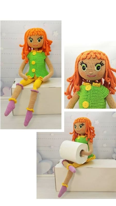 Boneca porta papel higiênico de crochê com cabelo laranja18