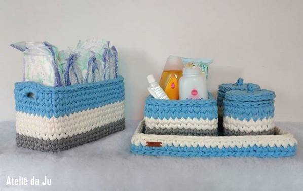 kit de cestos para quartinho de bebê em fio de malha