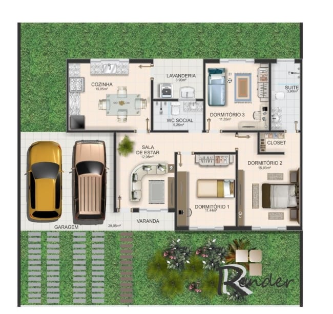 Estilo de planta de casas pequenas com três quartoes e duas vagas de garagem