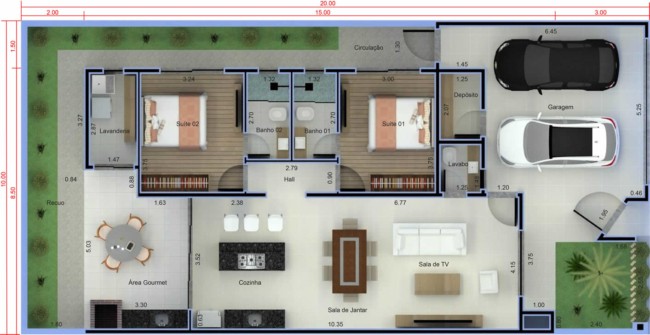 Modelo de casa térrea com dois quartos e duas vagas de garagem