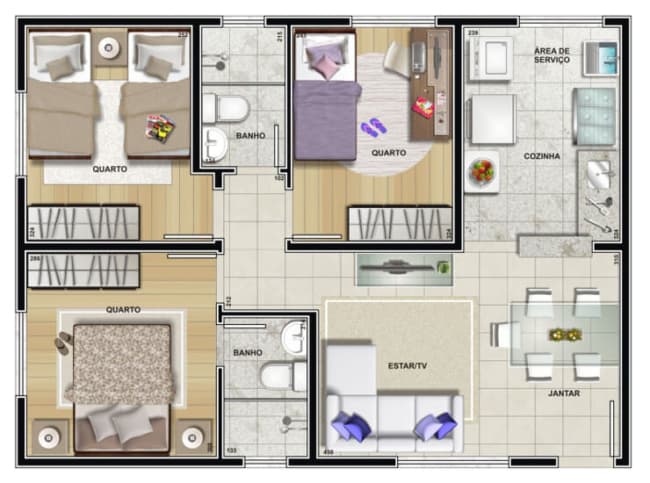 Modelo de planta de casas pequenas com uma suíte e um banheiro social