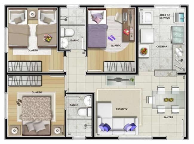 Modelo de planta para casa com três quartos