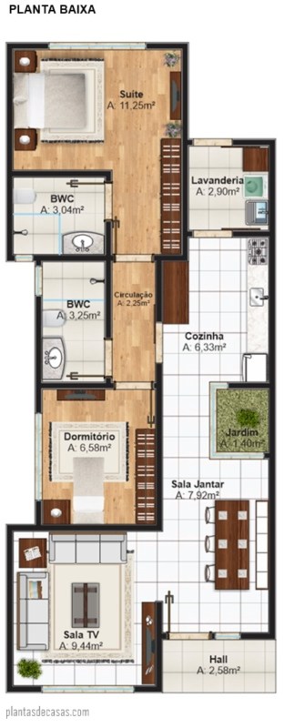 planta de casa pequena com suite e 69 m²