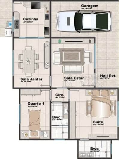 planta de casa pequena com suite e garagem