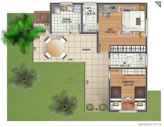 planta de casa em L com 2 quartos e 69 m²