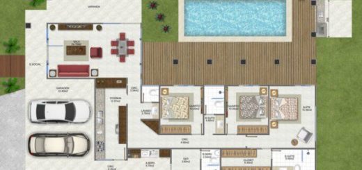 planta de casa em L com 3 quartos e piscina