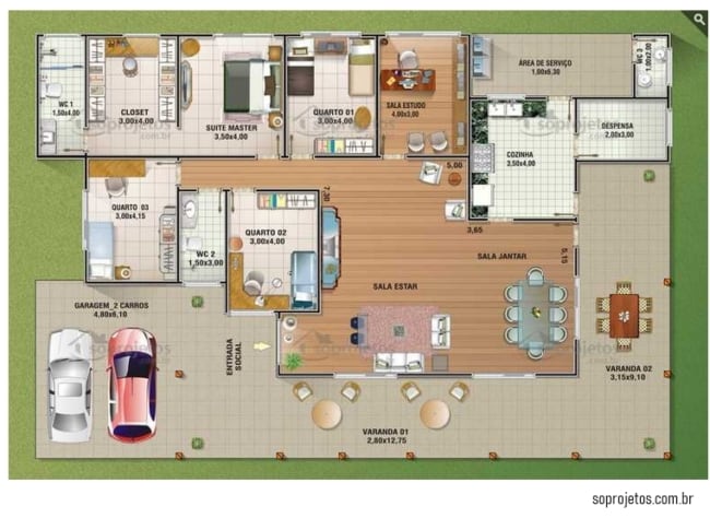 planta de casa terrea com 306 m² e 4 quartos