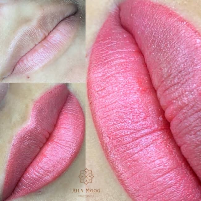 antes e depois de micropigmentacao labial em rosa claro