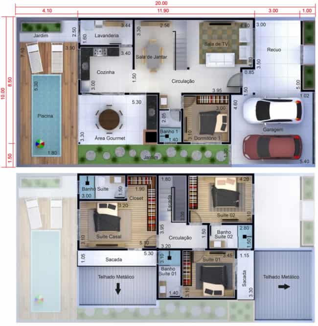 Casa com 2 pavimentos e quatro quartos